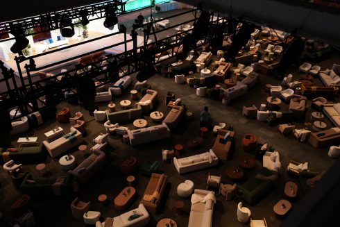Meta Leadership Day 2025 overhead view of lounge seating area with curved furniture arrangements and ambient lighting