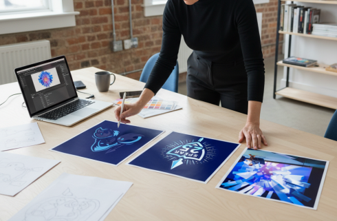 Microsoft Spear 2025 design process showing branding mockups and graphic design concepts on desk with laptop and design prints